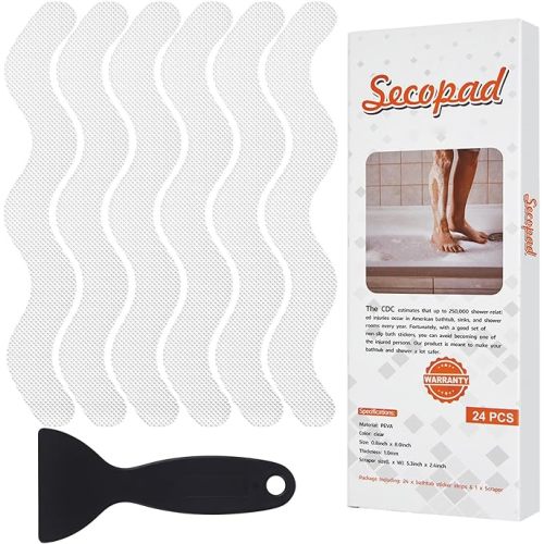 Secopad Patented Anti Slip Shower Stickers, Adhesive Decals Safety Strips with Scraper for Bath Tub, Shower Floor, Stairs, 24 Pieces (Clear)