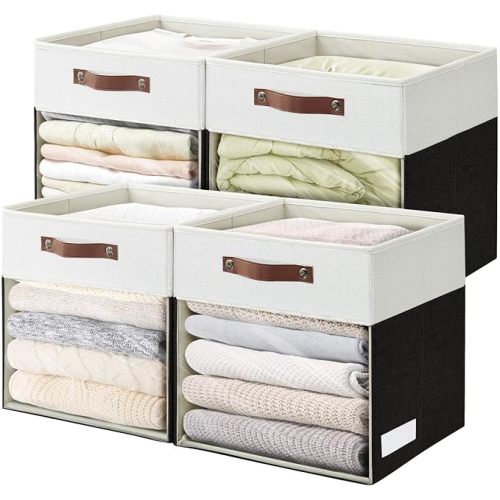 Storage Cubes, 4 Pack Linen Foldable Storage Bins (13 x 13 inch) with Clear Window and Handles, Fabric Organizer for Shelf Closet, Clothes, Books - (Black and White)