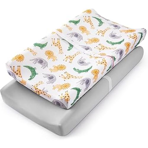 TILLYOU Baby Changing Pad Cover, Changing Table Cover for Girls Boys, Ultra Soft Breathable, 2 Pack African Steppe & Grey