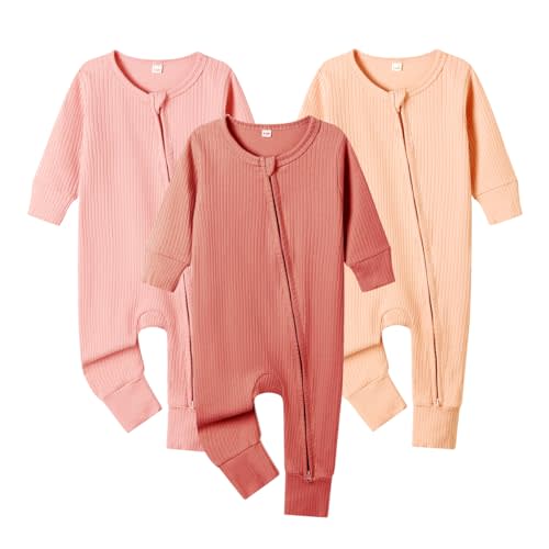 Bafeicao 3 Pack Baby Boy Girl Rompers with Mitten Cuffs, Ribbed Cotton 2 Way Zipper Romper One Piece Jumpsuits Clothes