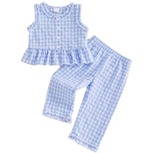 Girls Summer Outfits Ruffle Sleeve Button Up Dress Tops Plaid Linen Pants Spring Toddler Girl Clothes