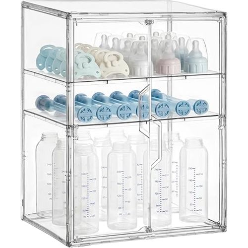 HBlife Baby Bottle Storage Organizer for Countertop Cabinet, 3 Tiers Adjustable Clear Acrylic Bottles Storage Station Case Box Container with 2 Removable Dividers and Magnetic Double Door, X-Large
