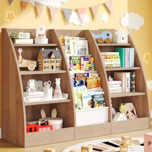 FFBCFDK 4 Tier Kids Bookshelf, 4 Layer Sling Kid Book Shelf for Kids Rooms, XL Wood Children Bookcase,Baby Storage Book Rack,Toddler Bookshelfs, Book and Toy Organizer,Books Display Shelf Burlywood