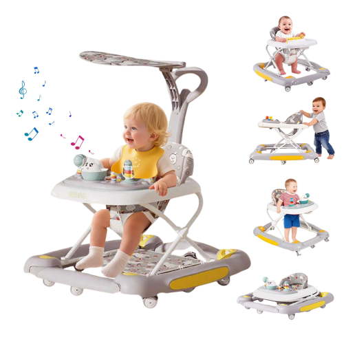 ManyFun 6-in-1 Height Adjustable Baby Walker with Wheels, Foldable Walker for Baby and Baby Activity Center with Music &Toys Tray, Infant Toddler Baby Walker for Boys and Girls 6-24 Months（grey）