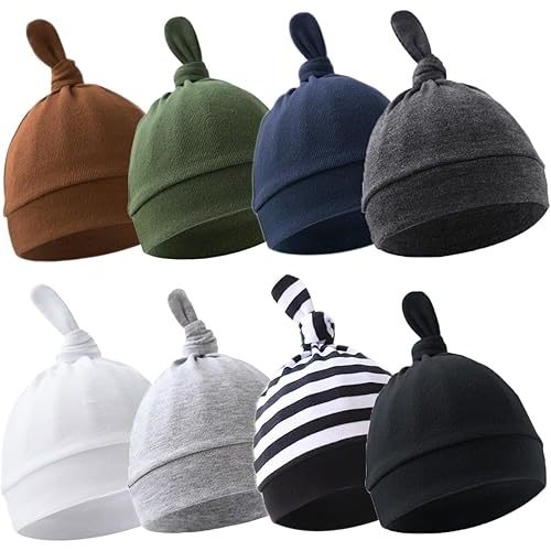 BEoffer 8 Pack Baby Newborn Hats Set Top-Knot Beanie Soft Stretchable Hats Adjustable Caps for Infant Girls Boys 0-6 Months