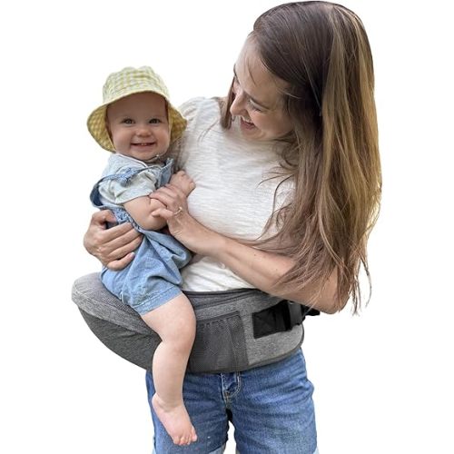 Safety 1st Hip Seat Baby Carrier – 4-in-1 Ergonomic Carrier with Memory Foam Seat, Adjustable Waist Belt & Storage, Anti-Bacterial Fabric, For Newborns to Toddlers 7–30 lbs, Grey