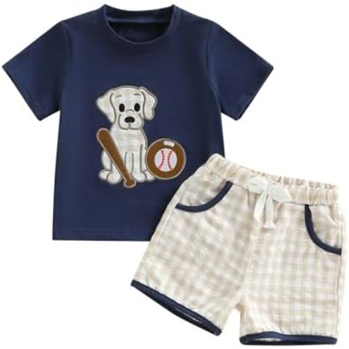 Toddler Baby Boy Baseball Outfit Dog Baseball Embroidery Short Sleeve Tops Shorts Set Baby Boy Summer Clothes