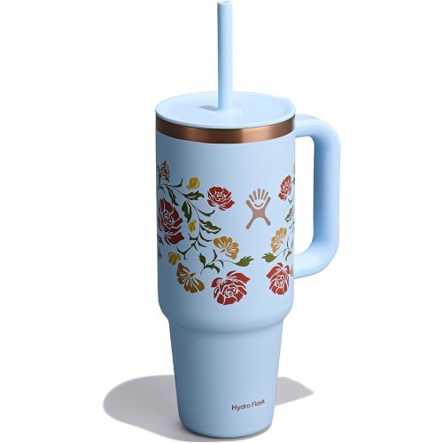 Hydro Flask Travel Tumbler with Handle, Lid and Straw - Insulated Stainless Steel in 40 Oz Western Light Blue