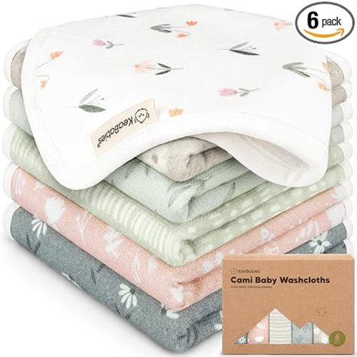 6-Pack Cotton Baby Washcloths for Newborn - Organic Cotton Muslin Soft Wash Cloths for Babies, Infant, Kids, Toddler Towels for Boy, Girl, Super Absorbent Face Cloths, Scratch-Free Baby Rags (Fleur)