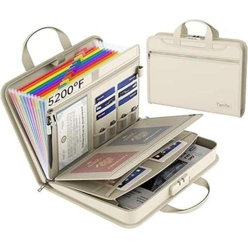 5200℉ Fireproof Accordion File Organizer with Lock, Thickened Document Organizer 13 Colorful Pocket with Labels, Important Document Organizer, Expanding File Folder with Handle for Letter A4 (Beige)