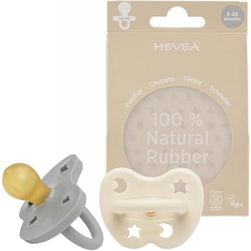 HEVEA Natural Rubber Pacifier Round 3-36 Months – Hygienic One Piece Design for Newborns to Toddlers, BPA-Free, Soft & Durable – 2-Pack (Milky White & Gorgeous Grey)
