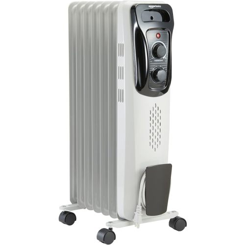 Amazon Basics Portable Oil Radiator Heater, Indoor Use, 3 Heat Settings, Over-Heat Protection, ETL-certified Safety, 7 Oil-Filled Steel Fins, 1500W, Tip-Over Protection, 11"D x 14.8"W x 25.2"H, White