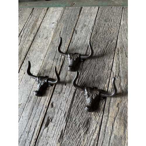 Set Of 3 - Cast Iron Long Horn Bull Wall Hook - Rustic Western Ranch Decor Entryway Towel Key Hanger