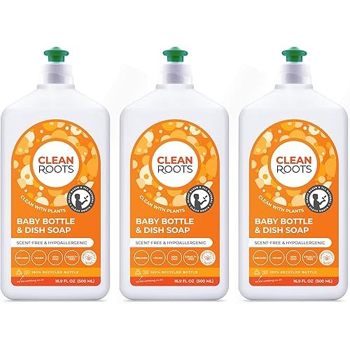 Baby Bottle & Dish Soap – EcoGarantie Certified, 100% Plant-Based Formula, Made with Organic Ingredients, Scent-Free & Hypoallergenic – 16.9 fl oz (500 mL), Pack of 3