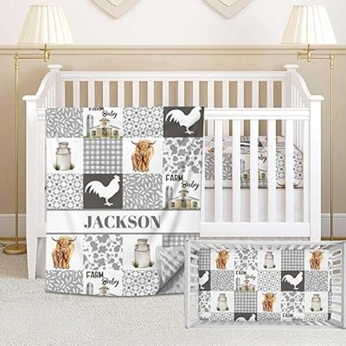 Personalized Crib Bedding Set for Baby Boys, Custom Cow Baby Girls Crib Bedding Set with Name, Farm Theme Nursery Bedding, 2 Piece Baby Bedding Sets, Name Crib Comforter, Crib Fitted Sheets for Babies