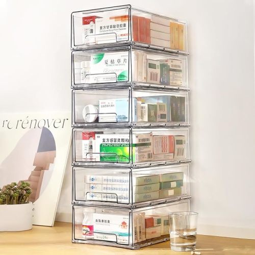 clear Drawer-Type Plastic Storage Box Bins Organizer，Family First Aid Kits Medicine cabinet Box Organizer,Closet ，Shelf，Ointments, Adhesive Bandages，Cosmetics,Office Items (clear, 6L)