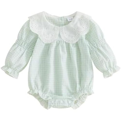 Sasaerucure Newborn Baby Girl Long Sleeve Romper Gingham Clothes Ruffle Collared Jumpsuit Top Bubble Outfit Fall Spring