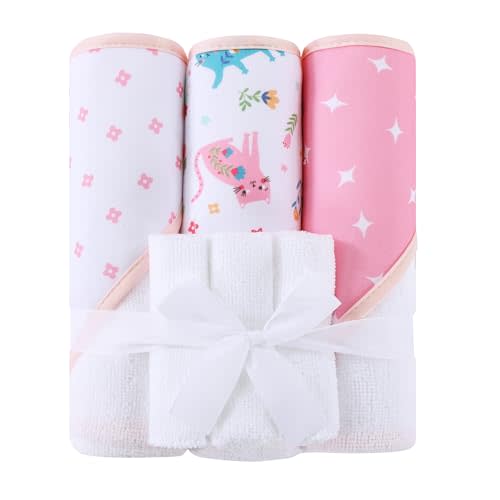 Mooreeke Baby Towel with Hood for Girls Pink Cat Flower Bath Towel for Babies Ultra Soft Absorbent 3 PCS Baby Towels and 3 PCS Washcloths for Newborn Essentials