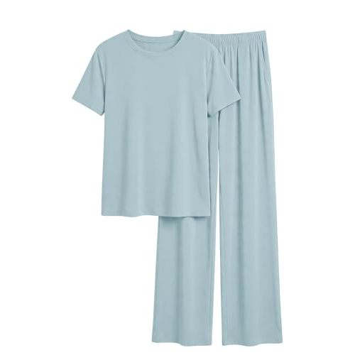 PRETTYGARDEN Fall Lounge Sets for Women 2 Piece Short Sleeve Crewneck Cute Tops and Wide Leg Pants with Pockets Pj Set
