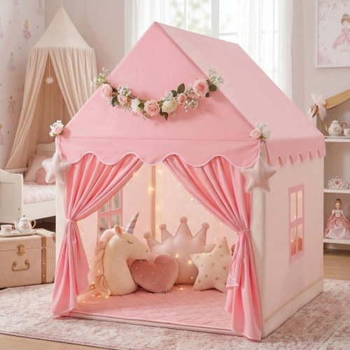 PigPigPen Kids Indoor Play Tent with Mat and Star Lights, Princess Playhouse for Girls, Pink and Yellow, 47 x 41 x 51 in