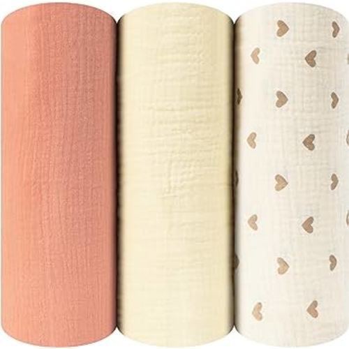HBselect 3-Pack Cotton Months Baby Muslin Swaddle Blankets, Newborn Receiving Blanket Swaddling Wrap for Boys and Girls, Baby Essentials, Registry & Gift (Love, Milky White, Orange)