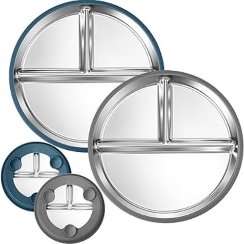BUSOHA 2 Pack Stainless Steel Kids Plate with Suction - 9” Divided Toddler Baby Plates with Silicone Sleeves 2-in-1 Anti Breakage Metal Toddler Bowls Microwave Dishwasher Safe