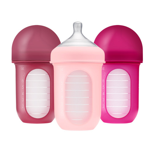 Boon Nursh Silicone Baby Bottle, Air-Free Milk Feeding, Pink Multi Pack, 8 Oz, 3 Pk