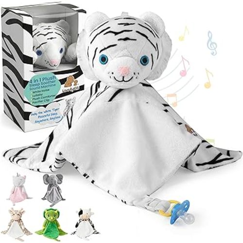 Love By Emi 4 in 1 Baby Lullaby Sleep Soother Toy - Stuffed Animal Sound Machine & Pacifier Holder | Heartbeat White Noise & Music | Plush White Tiger Lovey Sleep Aid Security Blanket (0-3 Years)