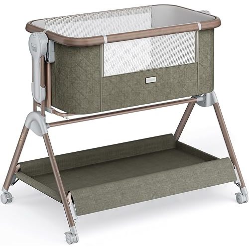 Winchild Baby Bassinet Bedside Crib,3-in-1 Rocking Bassinet Bedside Sleeper with Lockable Wheels & Comfy Mattress,Large Storage,6 Adjustable Heights,Portable Bedside Sleeper for Newborn,Green