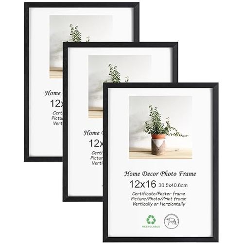 LYYYXGYP 12x16 Black Picture Frame 3 Pack Wooden Photo Certificate Natural Solid Wood Frame Gallery Poster Frame with Plexiglass for Wall Hanging