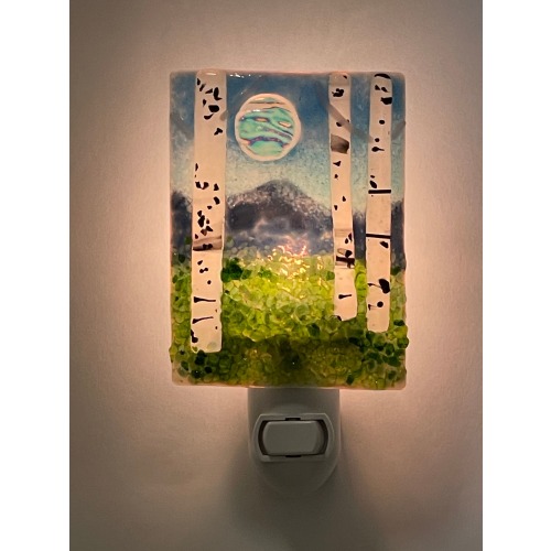 Fused Glass Summer Mountain Aspens with moon nightlight