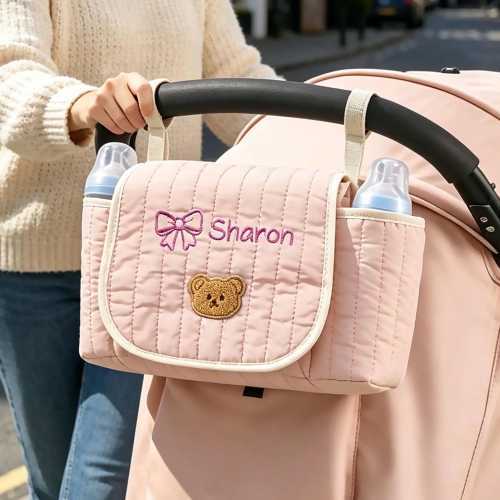 Custom Stroller Organizer Bag with Phone Pocket,Embroidered Large Diaper Storage,Black Caddy for Bottles,Personalized Baby Bottle Holder