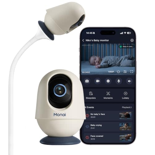 Monai Pro 4K Smart WiFi Baby Monitor with Camera and Audio, Mount, AI App | Night Vision, Cry Detection, No Subscription, 32GB Local Storage, Covered-Face Alert, Danger-Zone, Auto-Track, 5-User Share