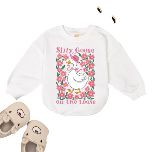 Silly Goose On The Loose Baby Romper Sweatshirt, Boho Floral Goose Baby Bodysuit, Coquette Bow Duck Romper, Goose Lover Gift