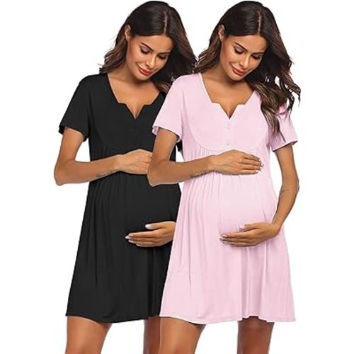 Ekouaer 2 Pack Labor/Delivery/Hospital Gown Nursing Dress Maternity Nightgown Short Sleeve Breastfeeding Sleepwear