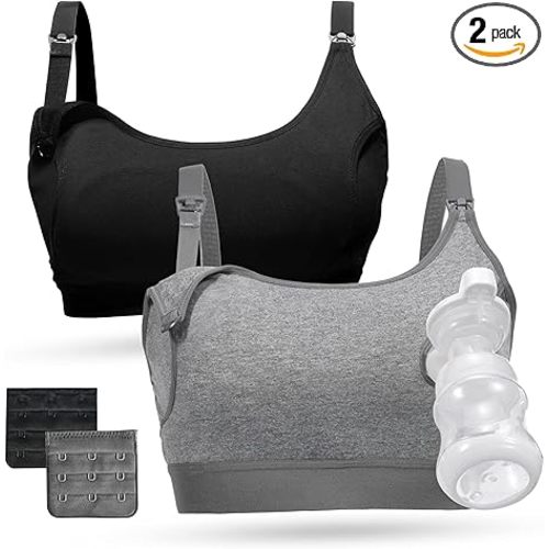 Momcozy Pumping Bra Hands Free, Pumping and Nursing Bra in One Holding Breast Pump for Spectra, Lansinoh, Medela, Black,grey-2pk, Large