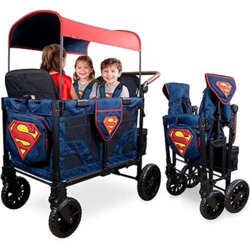 WONDERFOLD W4 Luxe Pro Special Edition Superman Stroller Wagon (4 Seater) - Collapsible Wagon Stroller with Seats with 5-Point Harnesses, Easy Access Zipper Door, and Removable Sun Canopy