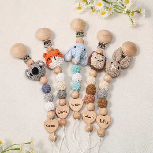 Personalized Name Pacifier Clip With Animal/ Custom Baby Shower Gift/ Pastel Babygirl Binky Holder/ Newborn Gift/ Wooden Babyboy Dummy Chain
