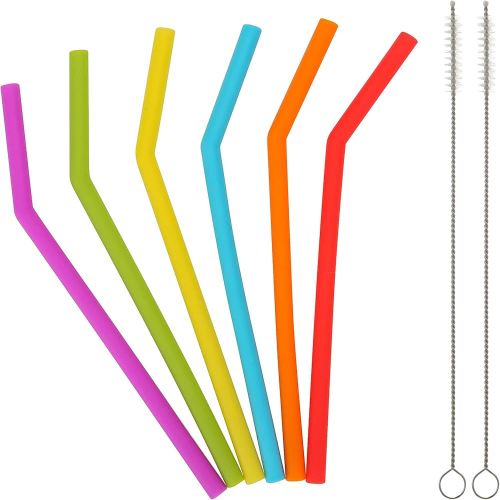 Reusable Silicone Straws for Toddlers & Kids - 6 pcs Flexible Short Drink 6.6" Straws for 6-10 oz Yeti/Rtic/Ozark Tumblers & 2 Cleaning Brushes - BPA Free, no Rubber Tast