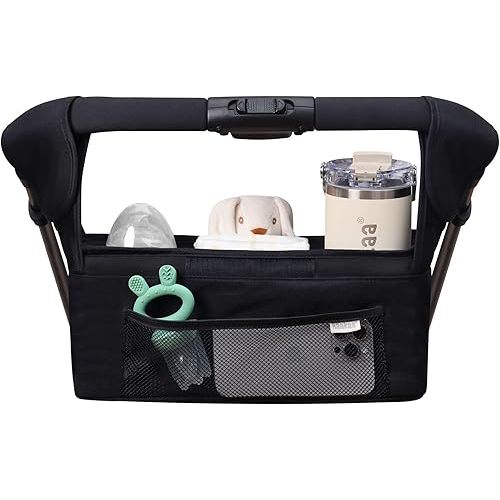 haakaa Universal Stroller Organizer with Insulated Cup Holder - Black, Single Cup Holder, Stroller Caddy with Shoulder Strap & Extra Non-Slip Stroller Hook, Fits Most Strollers
