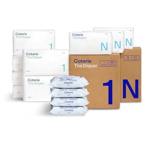 Coterie Baby Wipes + Diapers Kit, Size 1 (198 Count) & Size Newborn Diapers (93 Count), 4 Pack (224) Wipes with 99% Water, Plant Based Materials, Hypoallergenic for Sensitive Skin, Baby Essentials