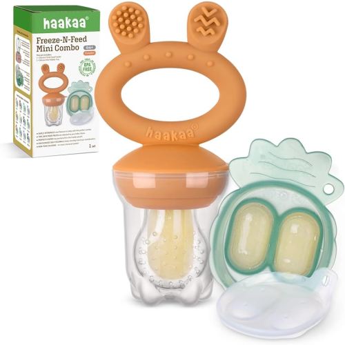 Haakaa Baby Fruit Food Feeder & Mini Freezer Nibble Tray Combo, Breastmilk Popsicle Molds for Baby Cooling Relief, BPA Free Silicone Feeder for Safe Infant Self Feeding, 4 Month+ (Pumpkin)