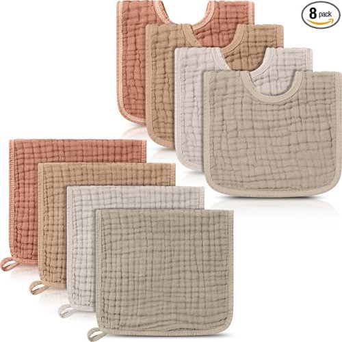 8 Pack Muslin Burp Cloths and Baby Bibs for Boy Girl 20" x 10" Cotton Baby Bandana Drool Bibs Muslin Burp Cloths Absorbent Rag for Newborn Toddler Infant Gifts(Brown Series)