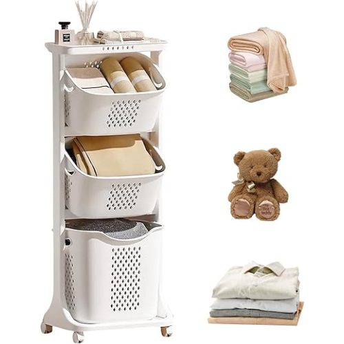 Rolling Laundry Hamper Cart with Wheels, 3 Tier White Laundry Baskets, Clothes Hamper with Portable Storage Baskets for Kitchens, Bathrooms, Bedrooms, Classrooms, Laundry Rooms