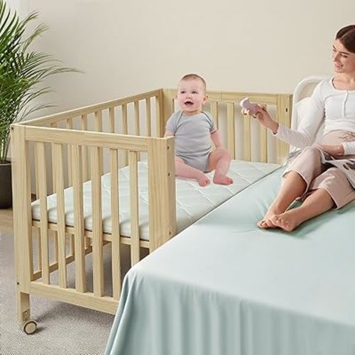 Portable Baby Bedside Bassinet,Foldable Mini Crib with MattressIncluded,3 Adjustable Heights Bassinet Bedside Sleeper,2025 Wood Baby Bed,Natural Pine