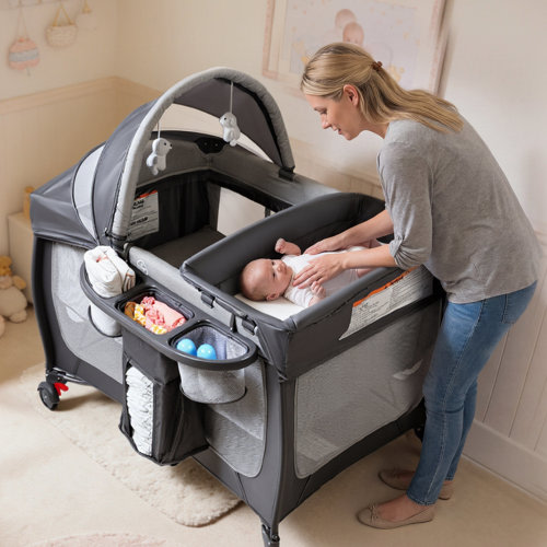 Latitude Run® 4-in-1 Portable Pack 'n Play with Bassinet, Changing Table, Adjustable Canopy, Storage Basket & Travel Bag – Infant to Toddler Playard, Grey & Reviews | Wayfair
