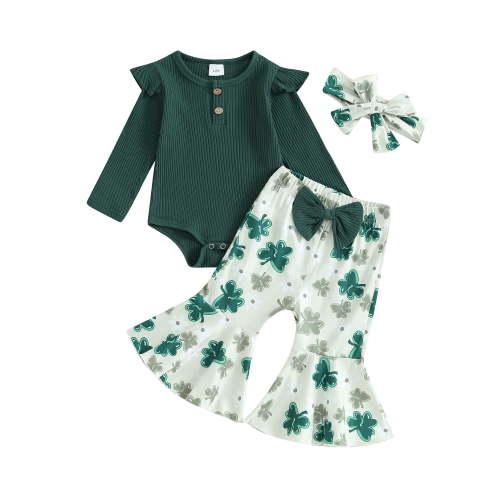 Jxzom Baby Girl St Patricks Day Outfit 3 6 12 18 Months Long Sleeve Rib Knit Ruffle Romper Shamrock Flare Pants Headband Spring Clothes