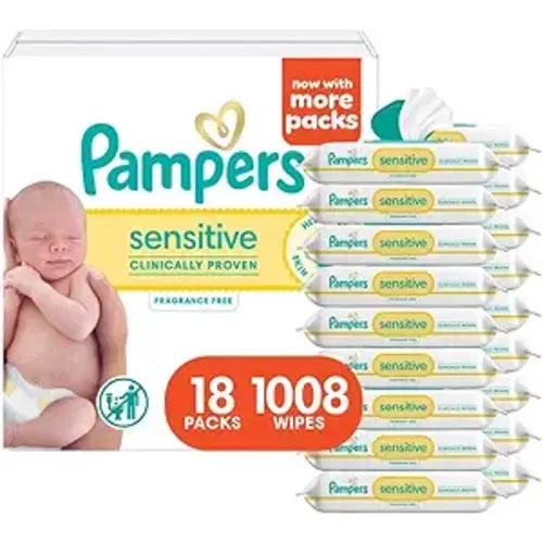Pampers Sensitive Baby Wipes, Clinically Proven, Fragrance Free, Unscented, Water Based, Hypoallergenic, Multi-Use, Hand Wipes 1008 Wipes Total (18X Flip-Top Packs) [Packaging May Vary]