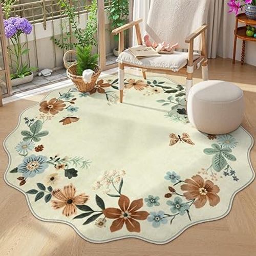 Lahome Floral Round Rugs 4ft Circle Carpet for Entryway Kitchen Bedroom Nursery Bathroom