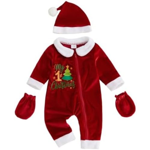 My First Christmas Baby Boy Girl Outfit Velvet Zipper Romper Jumpsuit Hat